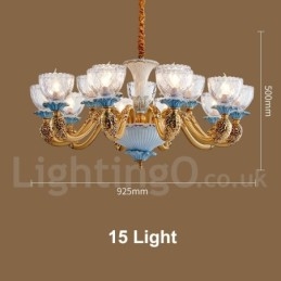 Lampadario a sospensione vintage in ottone e ceramica con paralumi in vetro