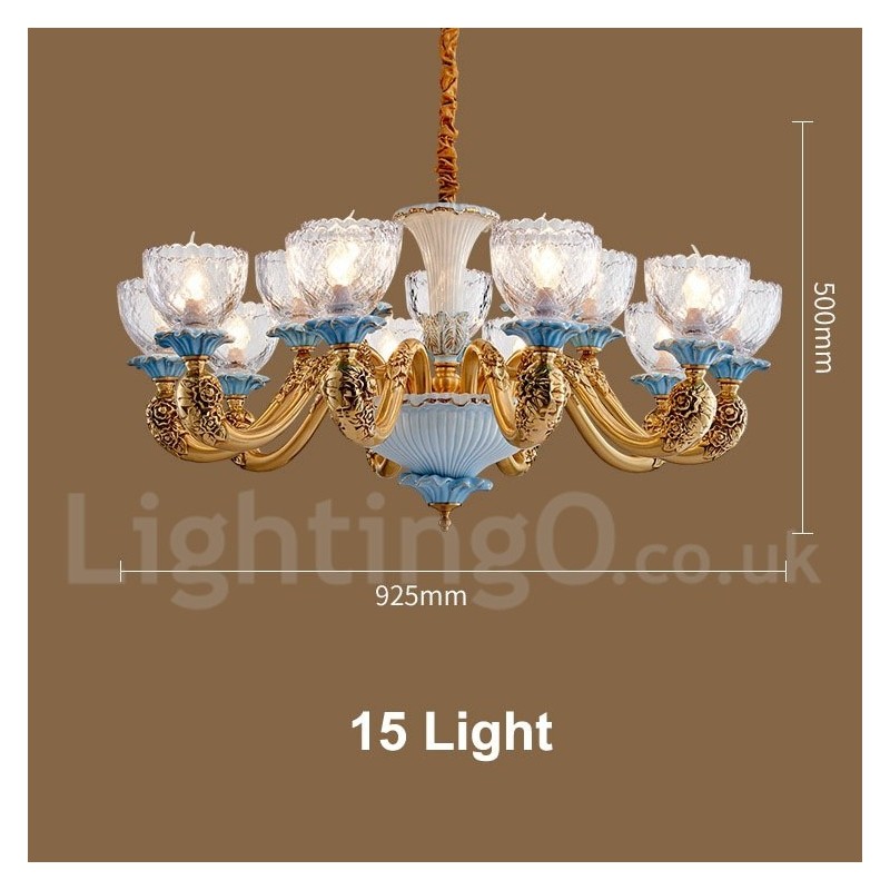 Lampadario a sospensione vintage in ottone e ceramica con paralumi in vetro