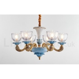 Lampadario a sospensione vintage in ottone e ceramica con paralumi in vetro