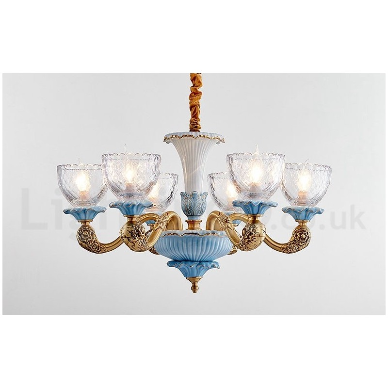 Lampadario a sospensione vintage in ottone e ceramica con paralumi in vetro