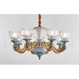 Lampadario a sospensione vintage in ottone e ceramica con paralumi in vetro