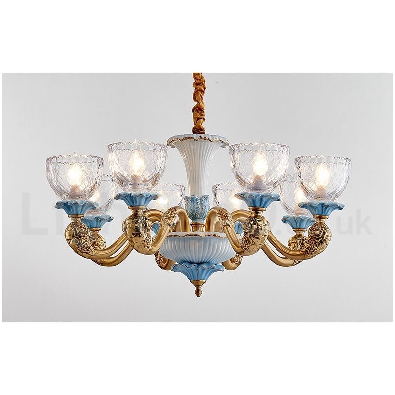 Lampadario a sospensione vintage in ottone e ceramica con paralumi in vetro