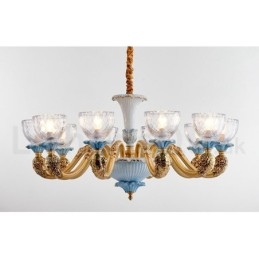 Lampadario a sospensione vintage in ottone e ceramica con paralumi in vetro