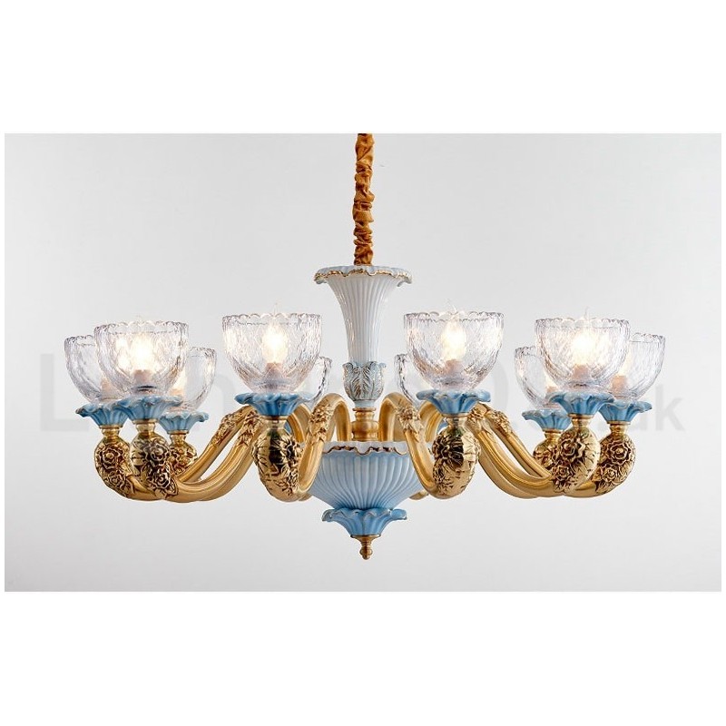 Lampadario a sospensione vintage in ottone e ceramica con paralumi in vetro