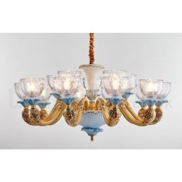 Lampadario a sospensione vintage in ottone e ceramica con paralumi in vetro