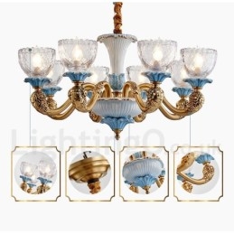 Lampadario a sospensione vintage in ottone e ceramica con paralumi in vetro