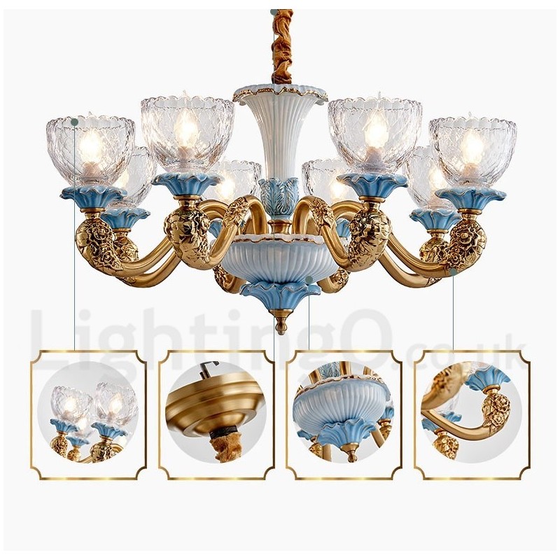 Lampadario a sospensione vintage in ottone e ceramica con paralumi in vetro