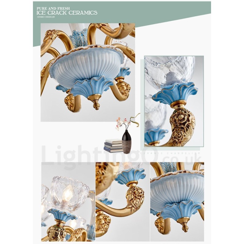 Lampadario a sospensione vintage in ottone e ceramica con paralumi in vetro