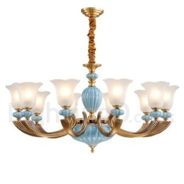 Lampadario a sospensione rustico retrò vintage in ottone e ceramica con paralumi in vetro