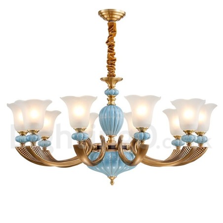 Lampadario a sospensione rustico retrò vintage in ottone e ceramica con paralumi in vetro