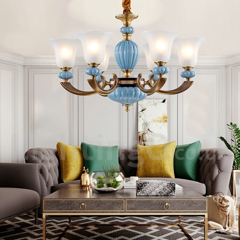 Lampadario a sospensione rustico retrò vintage in ottone e ceramica con paralumi in vetro