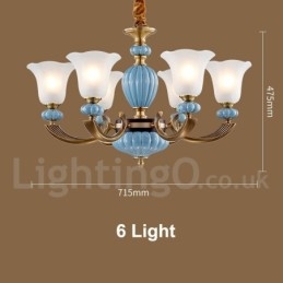 Lampadario a sospensione rustico retrò vintage in ottone e ceramica con paralumi in vetro