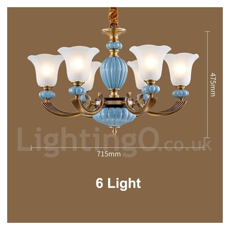Lampadario a sospensione rustico retrò vintage in ottone e ceramica con paralumi in vetro
