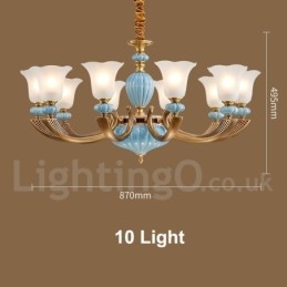 Lampadario a sospensione rustico retrò vintage in ottone e ceramica con paralumi in vetro