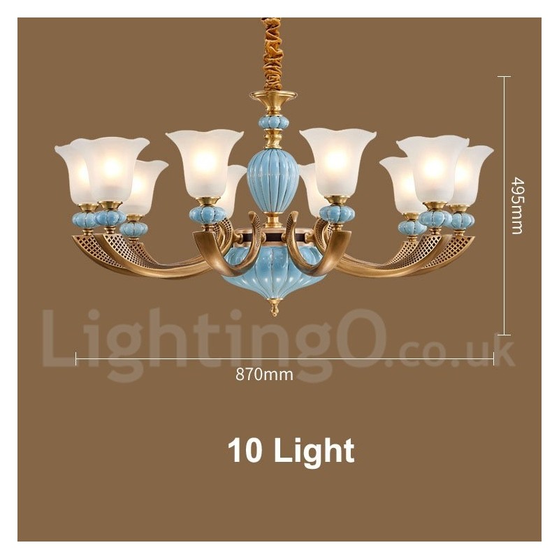 Lampadario a sospensione rustico retrò vintage in ottone e ceramica con paralumi in vetro