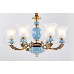 Lampadario a sospensione rustico retrò vintage in ottone e ceramica con paralumi in vetro