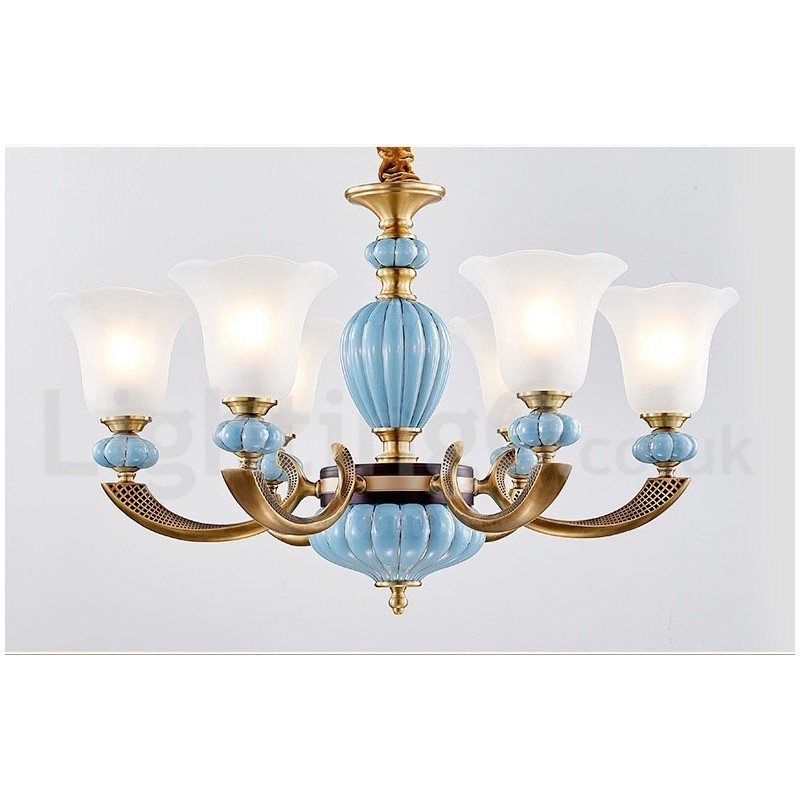 Lampadario a sospensione rustico retrò vintage in ottone e ceramica con paralumi in vetro