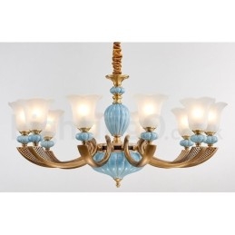 Lampadario a sospensione rustico retrò vintage in ottone e ceramica con paralumi in vetro