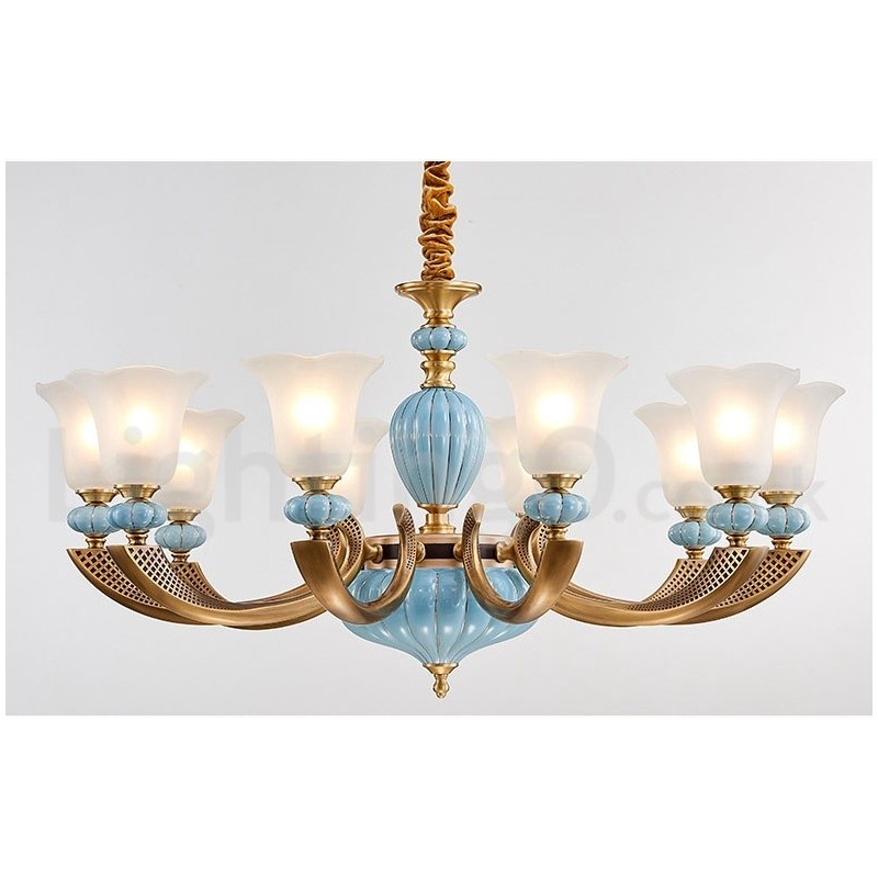 Lampadario a sospensione rustico retrò vintage in ottone e ceramica con paralumi in vetro