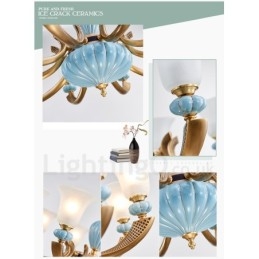 Lampadario a sospensione rustico retrò vintage in ottone e ceramica con paralumi in vetro