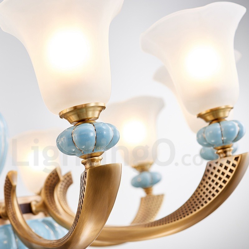 Lampadario a sospensione rustico retrò vintage in ottone e ceramica con paralumi in vetro