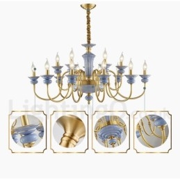 Lampadario a sospensione rustico retrò vintage in ottone e ceramica, E14, catena 50 cm