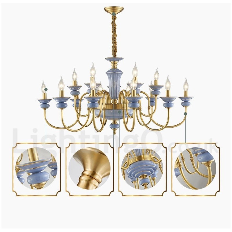 Lampadario a sospensione rustico retrò vintage in ottone e ceramica, E14, catena 50 cm