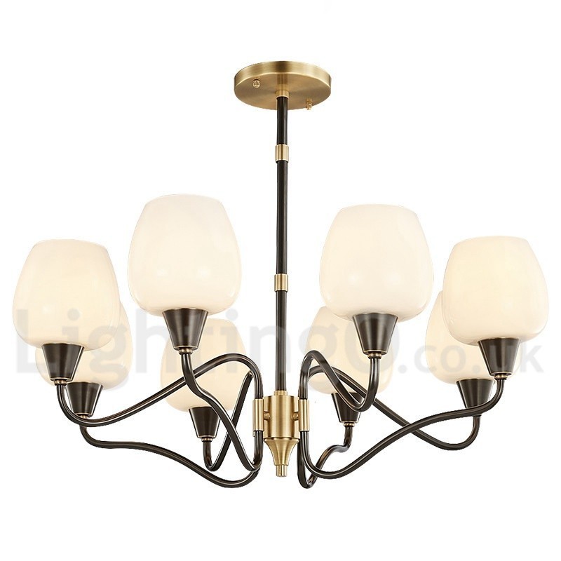 Lampadario a candela retrò vintage in ottone con paralumi in vetro