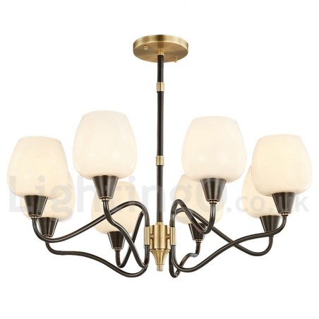 Lampadario a candela retrò vintage in ottone con paralumi in vetro