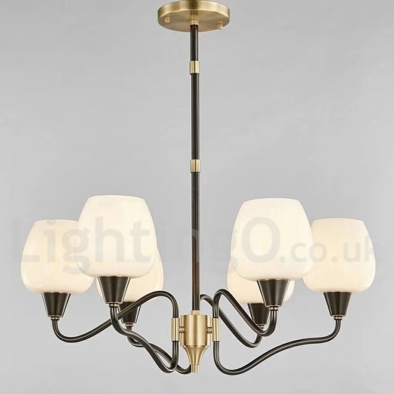 Lampadario a candela retrò vintage in ottone con paralumi in vetro