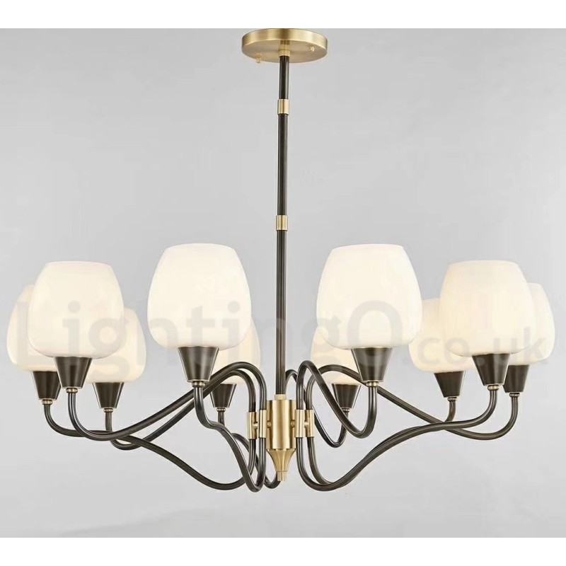 Lampadario a candela retrò vintage in ottone con paralumi in vetro