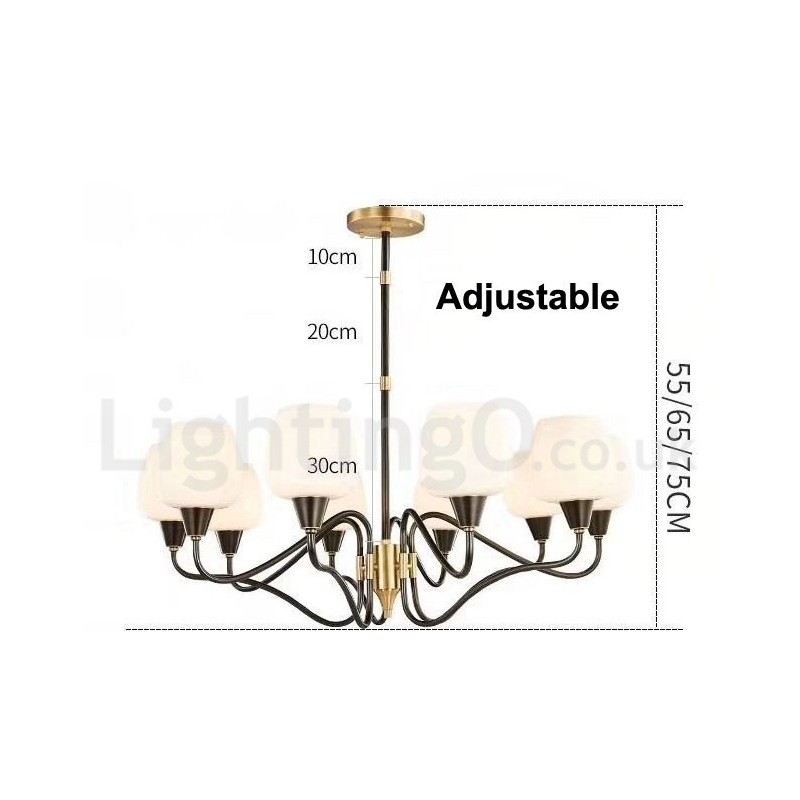 Lampadario a candela retrò vintage in ottone con paralumi in vetro