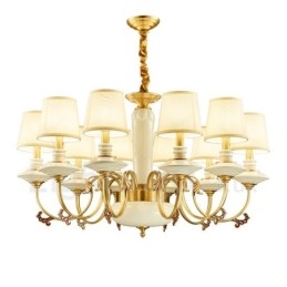 Lampadario a sospensione rustico vintage in ottone e ceramica con paralumi in tessuto