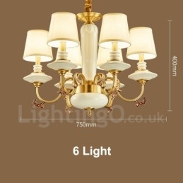 Lampadario a sospensione rustico vintage in ottone e ceramica con paralumi in tessuto