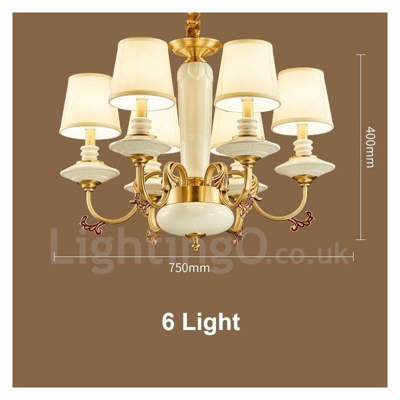 Lampadario a sospensione rustico vintage in ottone e ceramica con paralumi in tessuto