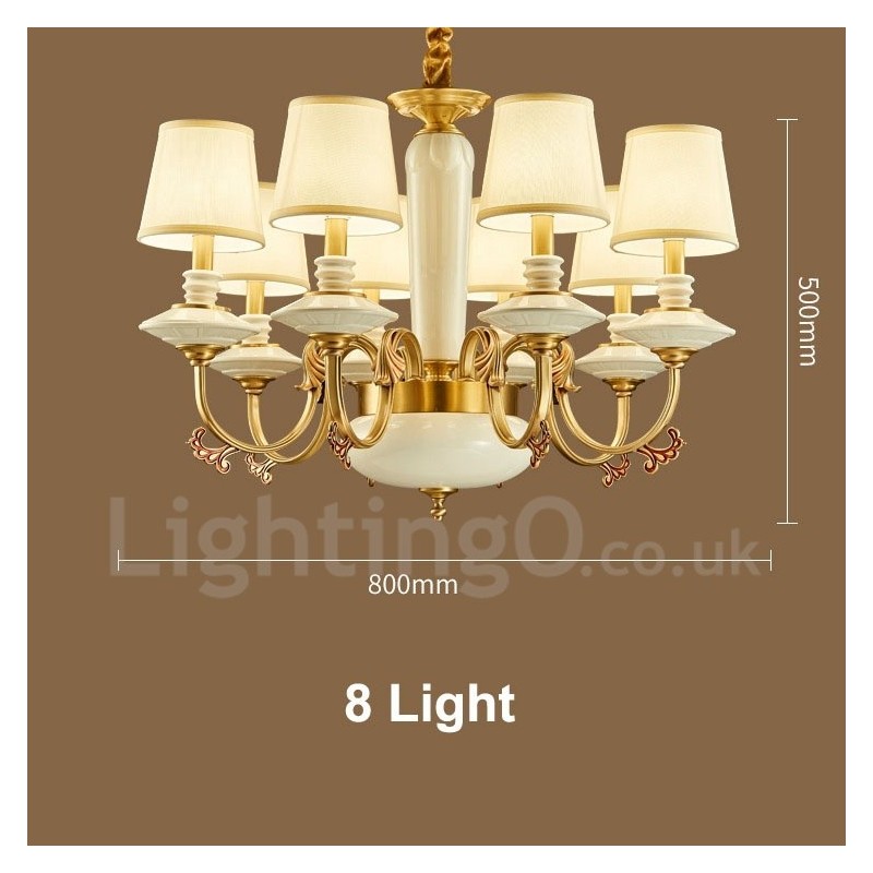 Lampadario a sospensione rustico vintage in ottone e ceramica con paralumi in tessuto
