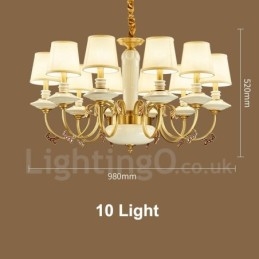 Lampadario a sospensione rustico vintage in ottone e ceramica con paralumi in tessuto