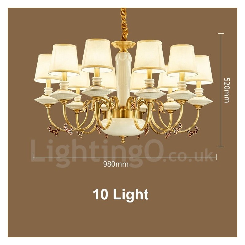Lampadario a sospensione rustico vintage in ottone e ceramica con paralumi in tessuto