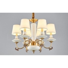 Lampadario a sospensione rustico vintage in ottone e ceramica con paralumi in tessuto
