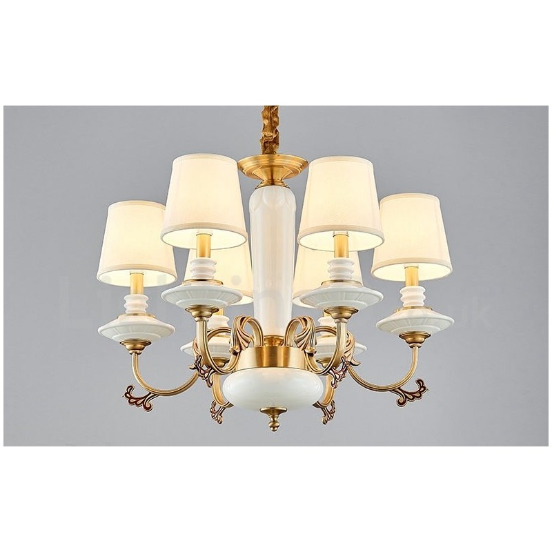 Lampadario a sospensione rustico vintage in ottone e ceramica con paralumi in tessuto