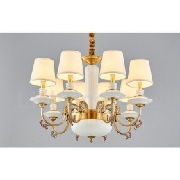 Lampadario a sospensione rustico vintage in ottone e ceramica con paralumi in tessuto