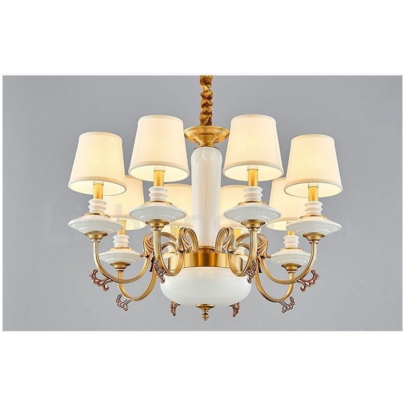 Lampadario a sospensione rustico vintage in ottone e ceramica con paralumi in tessuto