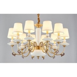 Lampadario a sospensione rustico vintage in ottone e ceramica con paralumi in tessuto