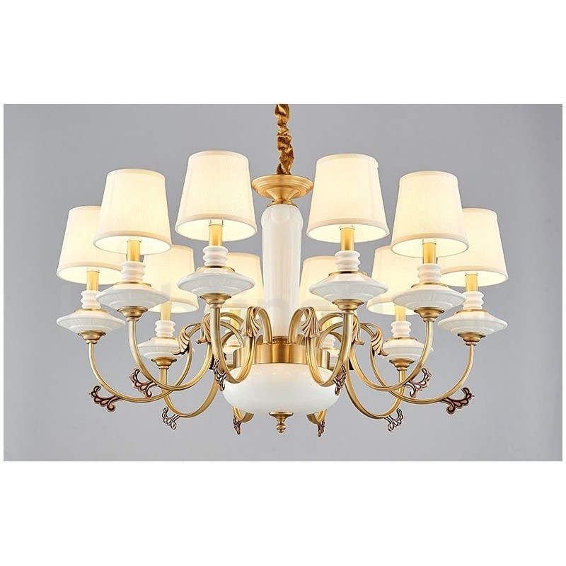 Lampadario a sospensione rustico vintage in ottone e ceramica con paralumi in tessuto