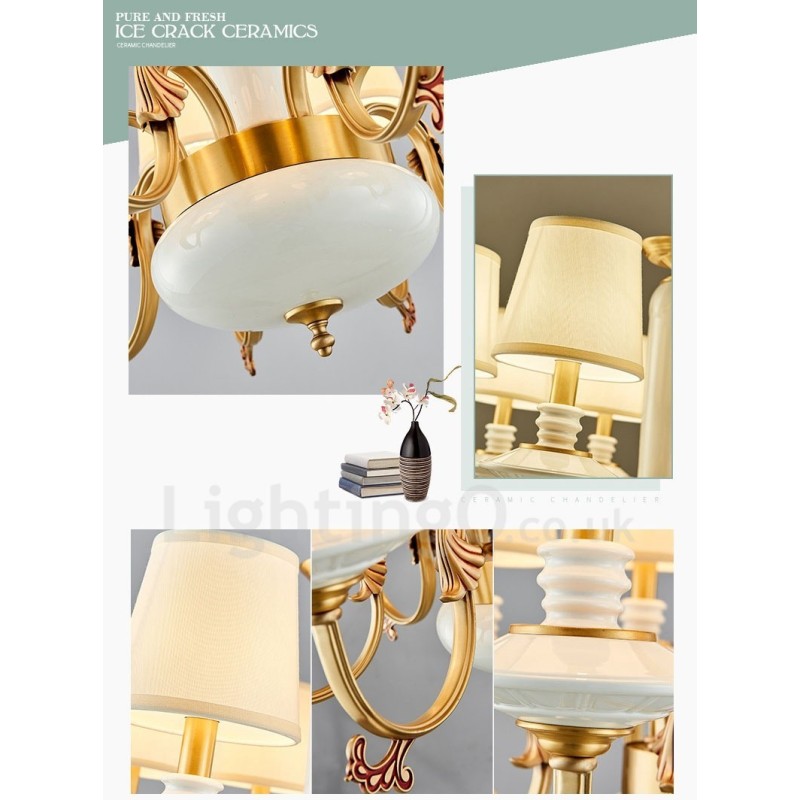 Lampadario a sospensione rustico vintage in ottone e ceramica con paralumi in tessuto