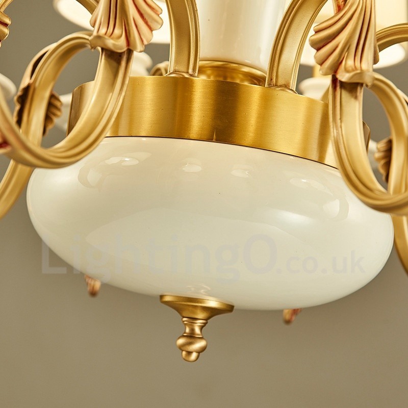 Lampadario a sospensione rustico vintage in ottone e ceramica con paralumi in tessuto