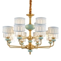 Lampadario a sospensione rustico retrò vintage in ottone e ceramica con paralumi in tessuto e cristallo