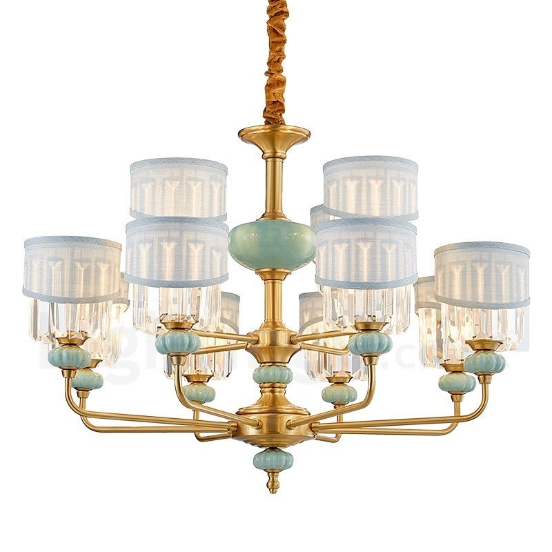 Lampadario a sospensione rustico retrò vintage in ottone e ceramica con paralumi in tessuto e cristallo