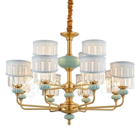 Lampadario a sospensione rustico retrò vintage in ottone e ceramica con paralumi in tessuto e cristallo