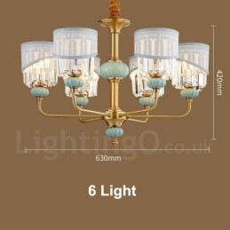 Lampadario a sospensione rustico retrò vintage in ottone e ceramica con paralumi in tessuto e cristallo